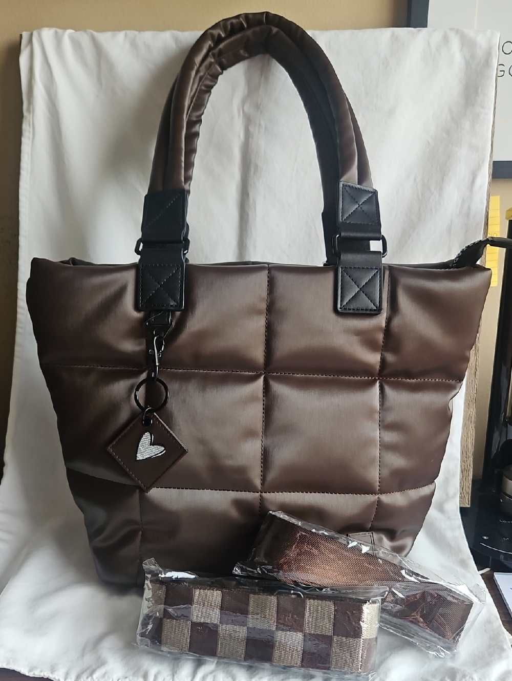 InkWip Shoulder/Crossbody Quilted Brown Tote Bag with Heart Charm